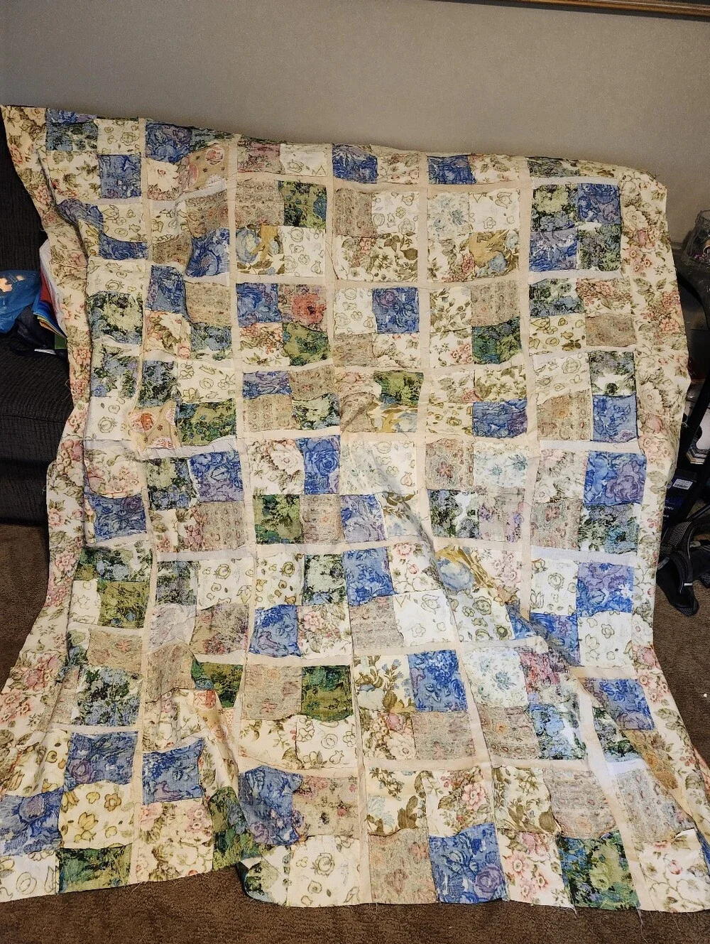 Floral Patchwork Quilt Top Only - Blue & Green